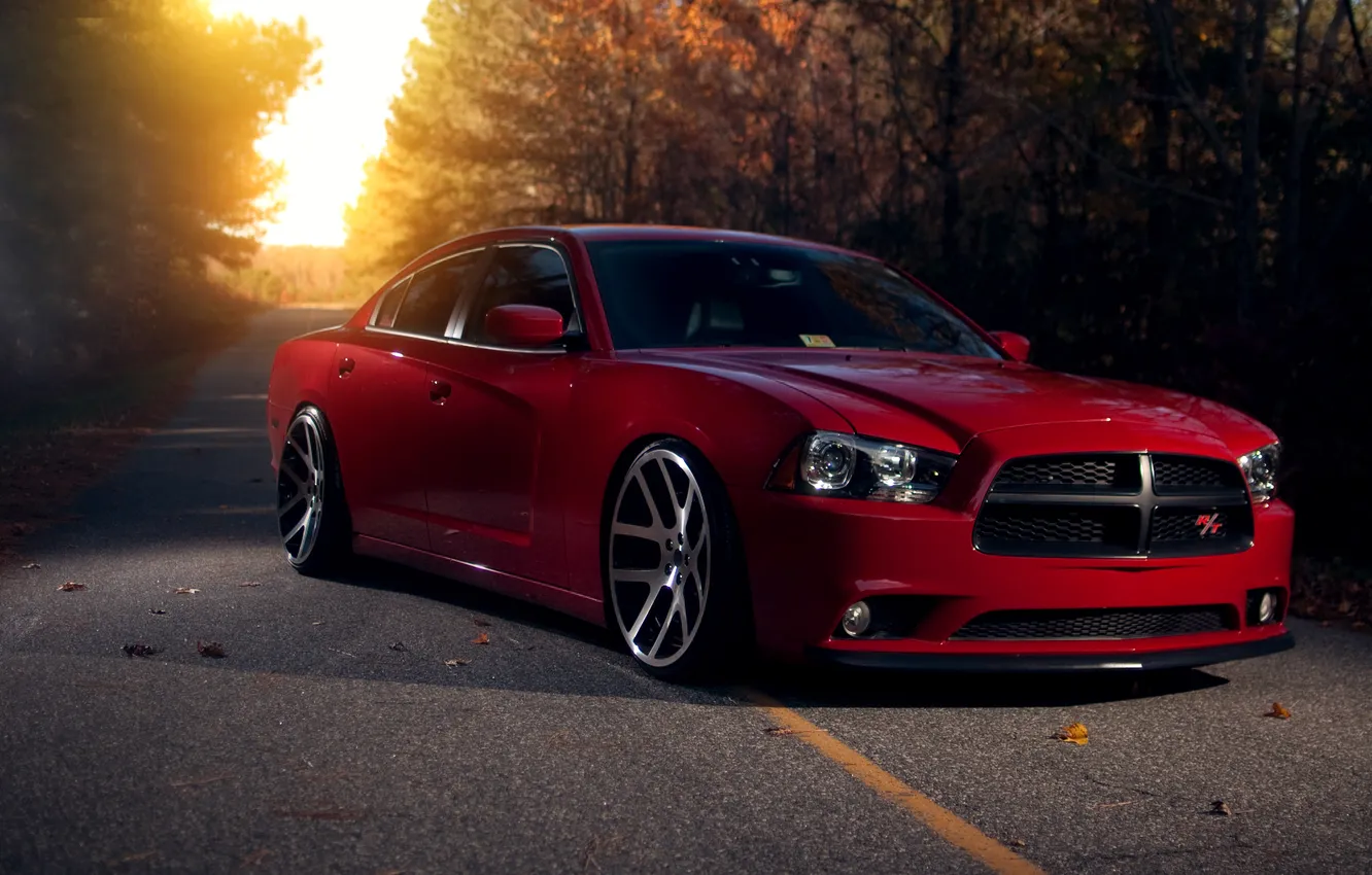 Photo wallpaper autumn, trees, red, Dodge, red, Dodge, autumn, the charger