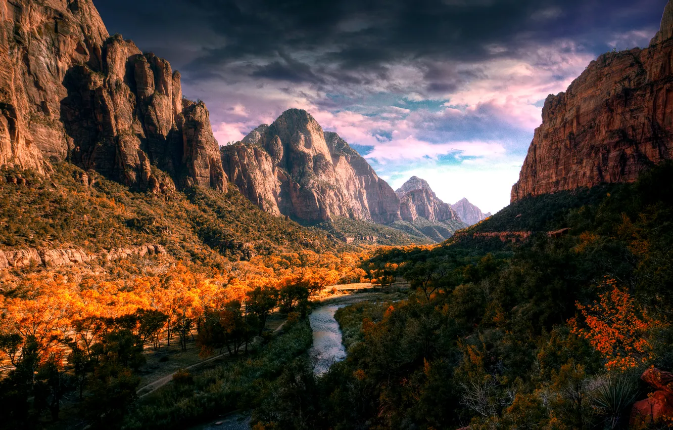 Photo wallpaper autumn, mountains, river, valley