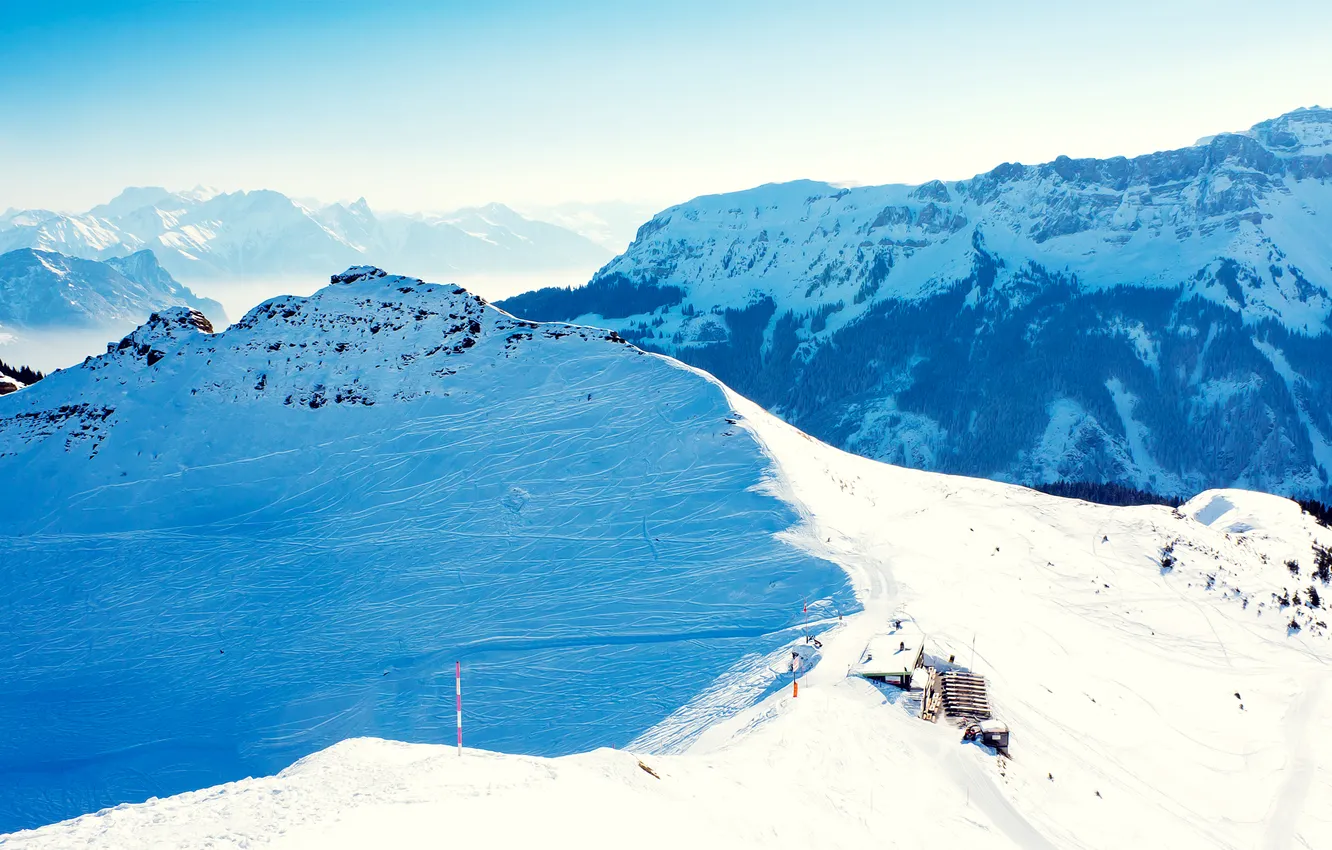 Photo wallpaper winter, forest, the sky, snow, landscape, mountains, nature, height