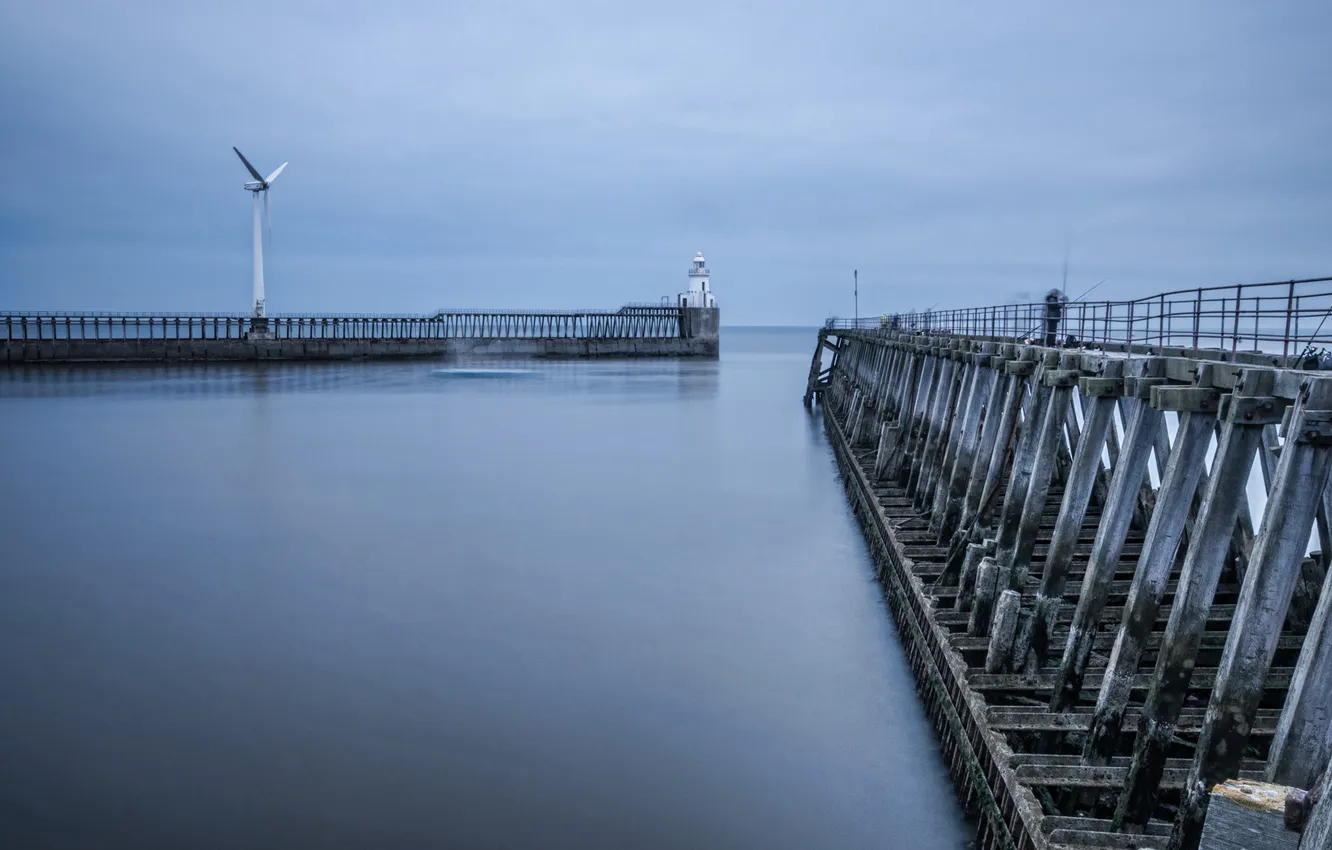 Photo wallpaper sea, landscape, bridge, the evening, windmills