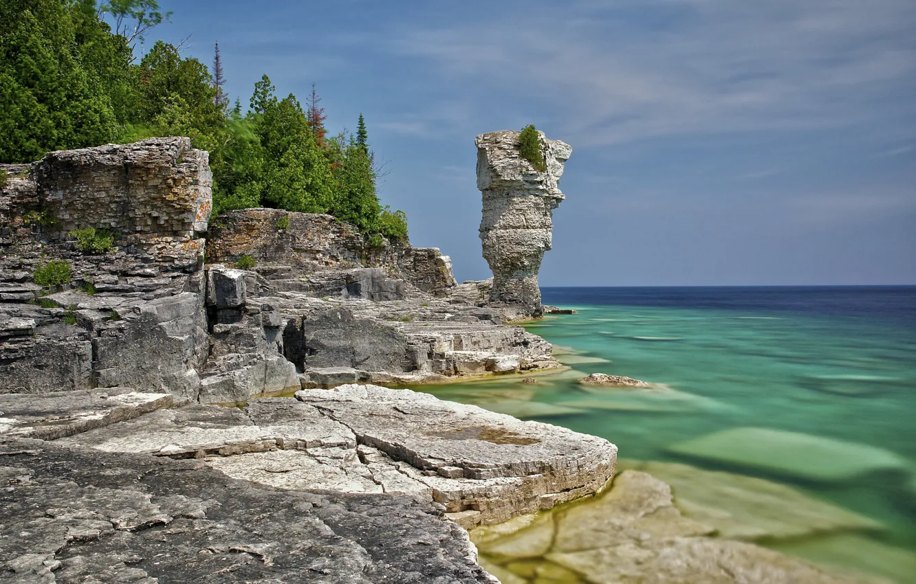Photo wallpaper trees, nature, lake, stones, rocks, Canada, Ontario, Bruce Peninsula National Park