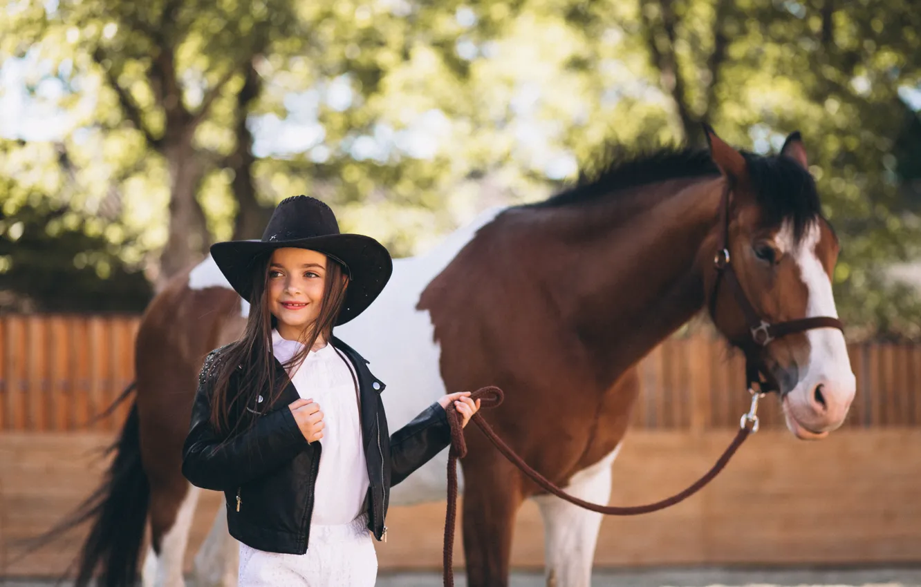 Photo wallpaper children, Park, horse, horse, hat, girl