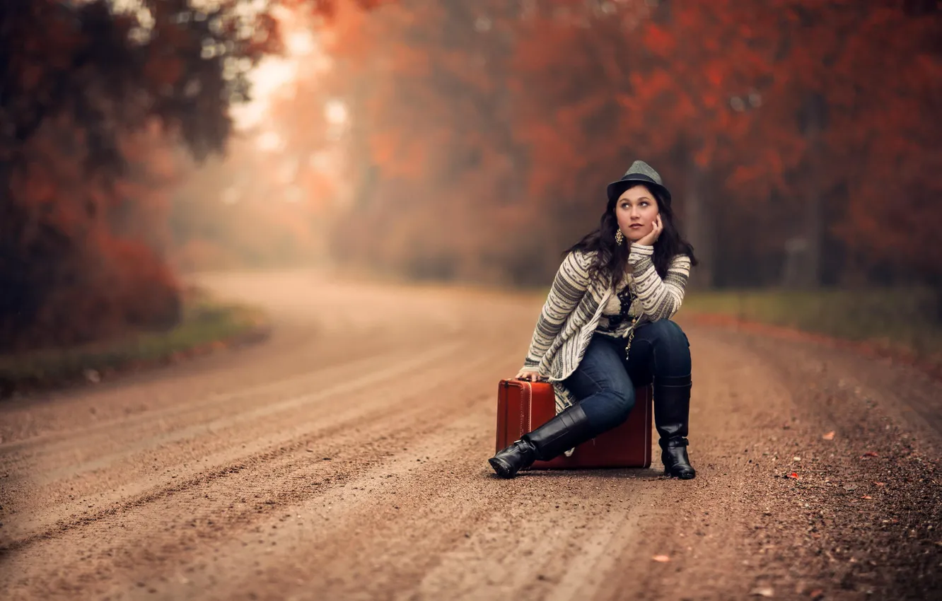Photo wallpaper road, autumn, girl, suitcase, Fall Road
