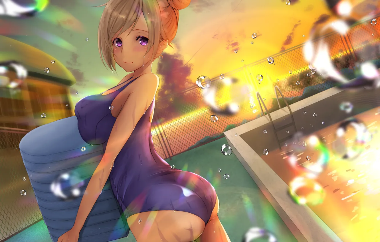 Photo wallpaper girl, Sunset, anime, Swimsuit, water drops