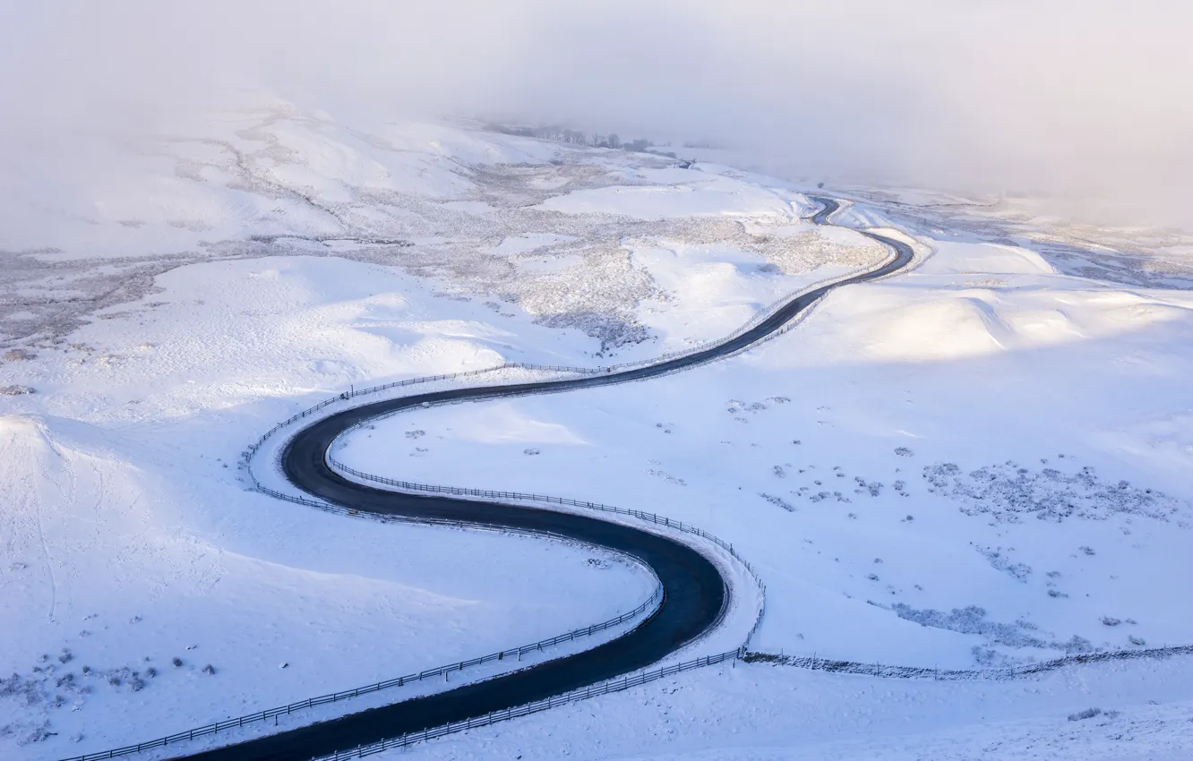 Photo wallpaper winter, road, nature, fog, valley