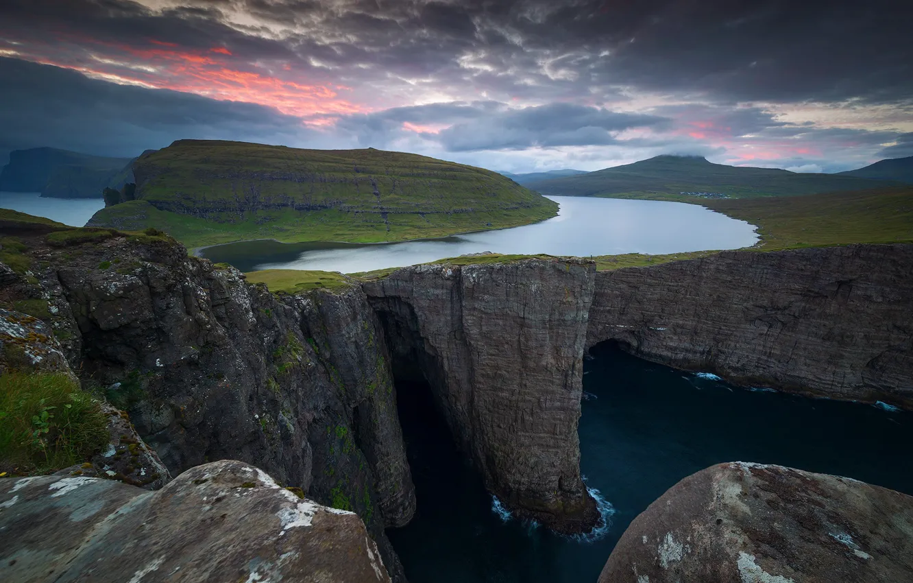 Photo wallpaper landscape, nature, lake, the ocean, rocks, island, Denmark, Faroe Islands