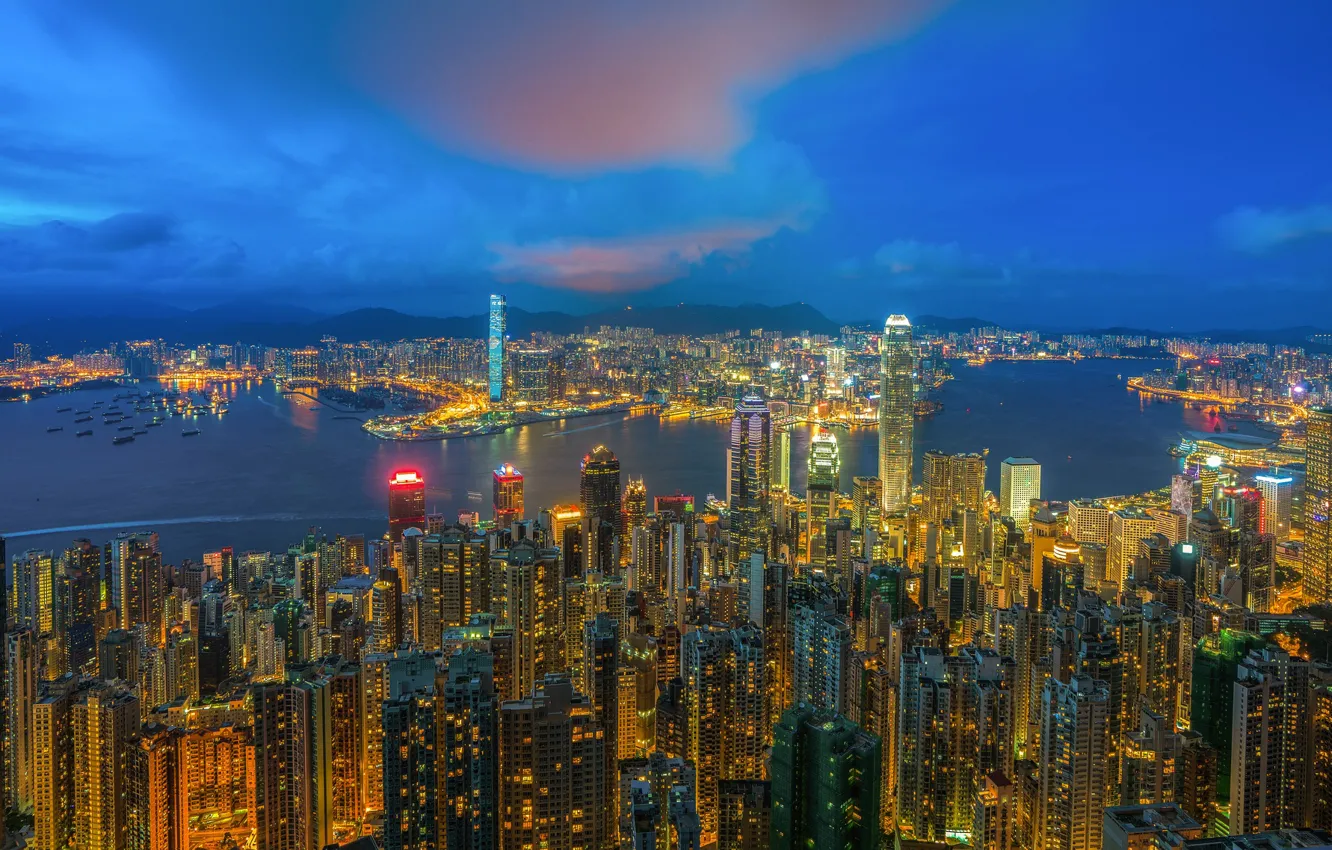 Photo wallpaper sea, landscape, the city, night lights, Hong Kong, China, night city