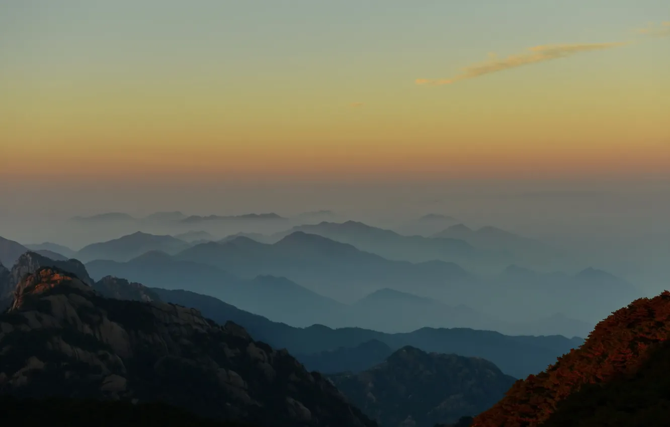 Photo wallpaper China, clouds, fog, Sunrise, Mountains, Mountain Range, Anhui, Huangshan