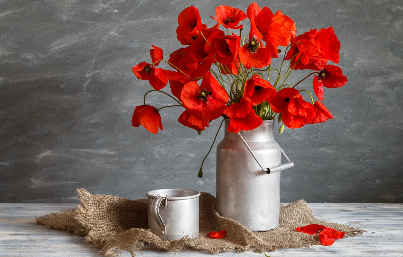 Photo wallpaper flowers, Maki, bouquet, mug, cans