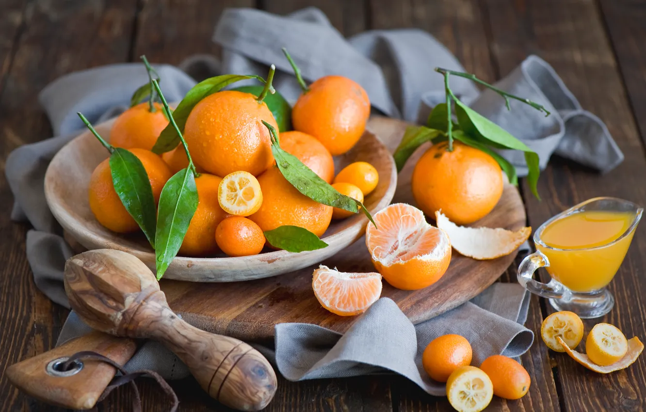 Photo wallpaper leaves, drops, juice, fruit, citrus, peel, tangerines, the kumquats