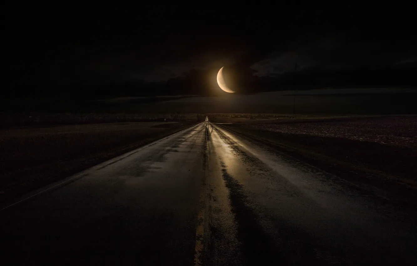 Photo wallpaper night, the moon, the midnight road