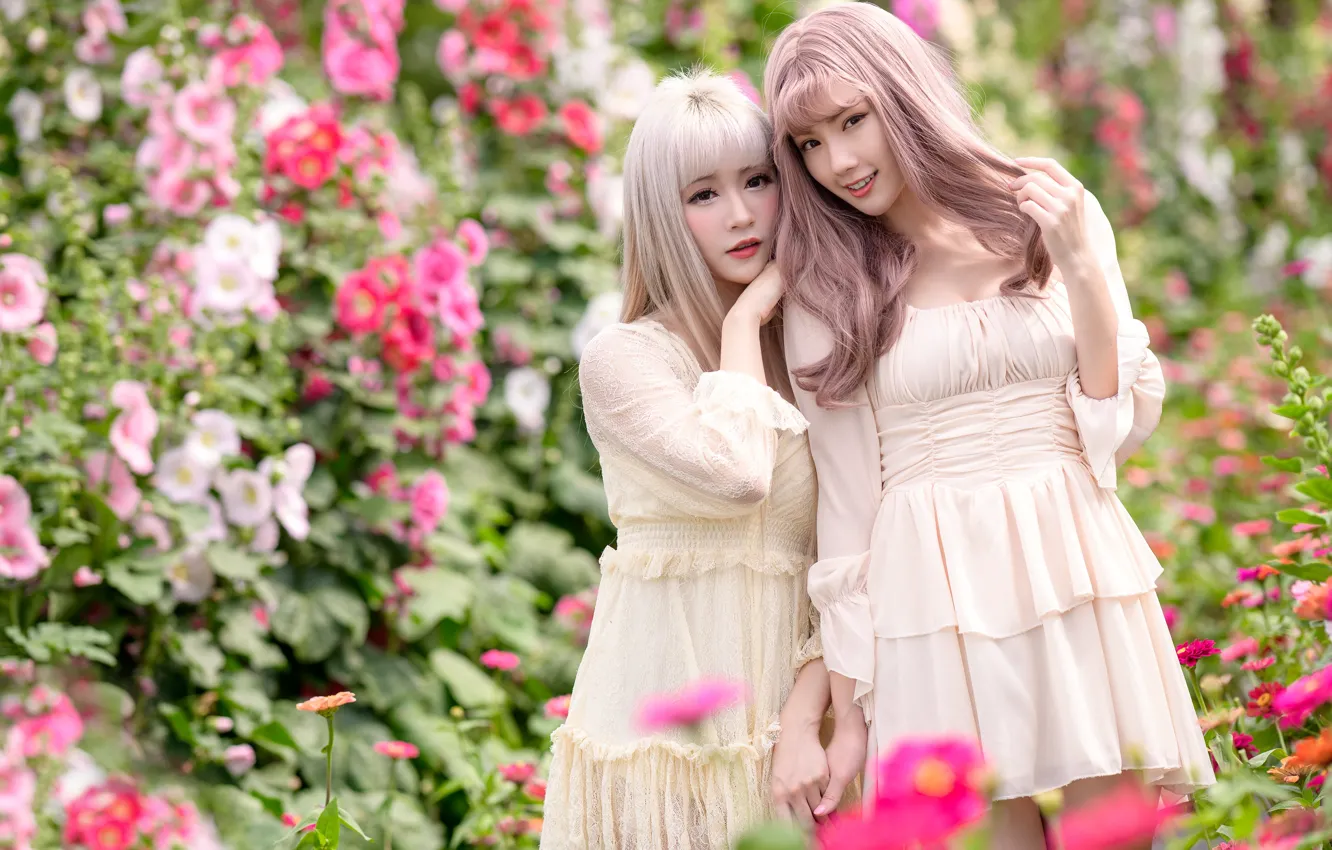 Photo wallpaper look, girl, flowers, pose, smile, together, hands, makeup