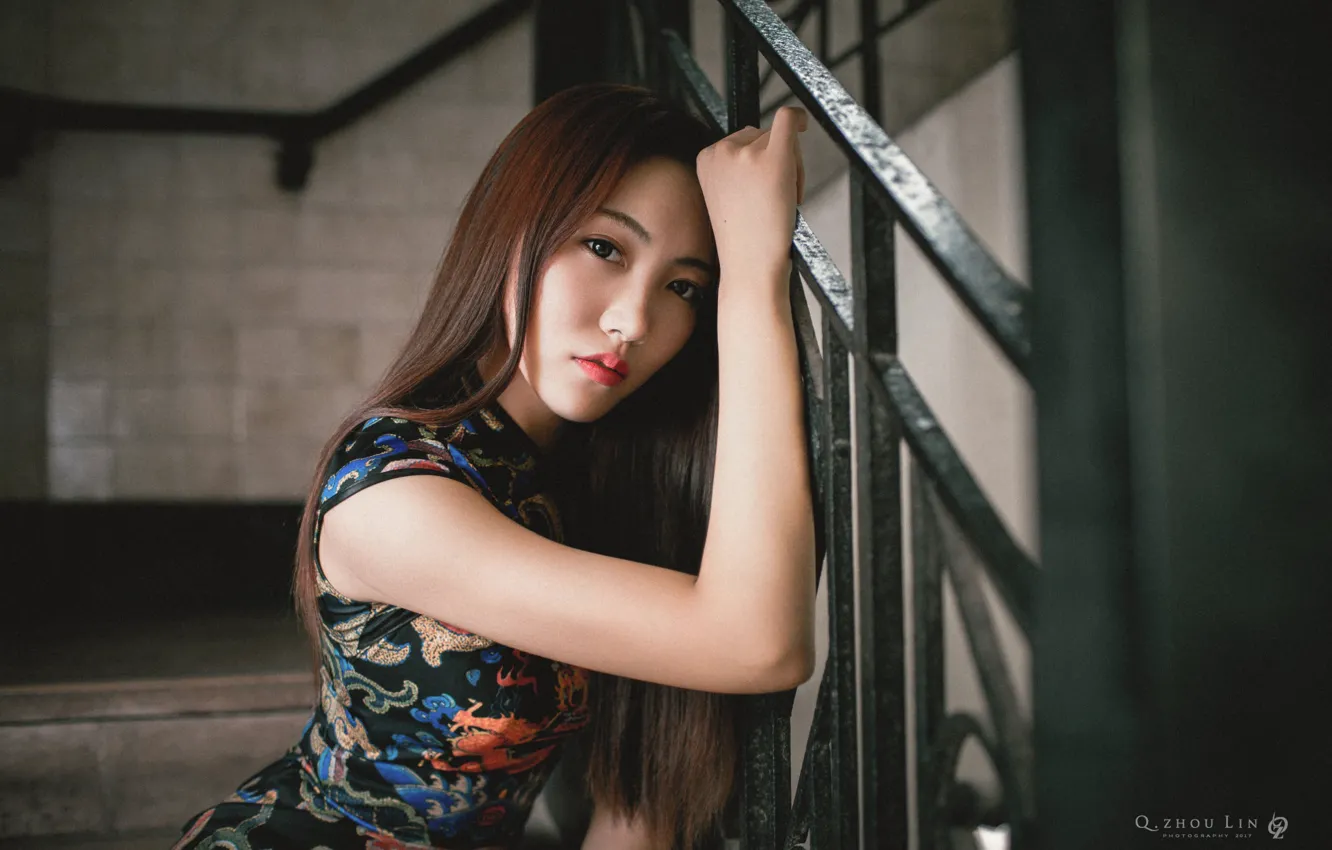 Photo wallpaper pose, portrait, makeup, dress, hairstyle, brown hair, Asian