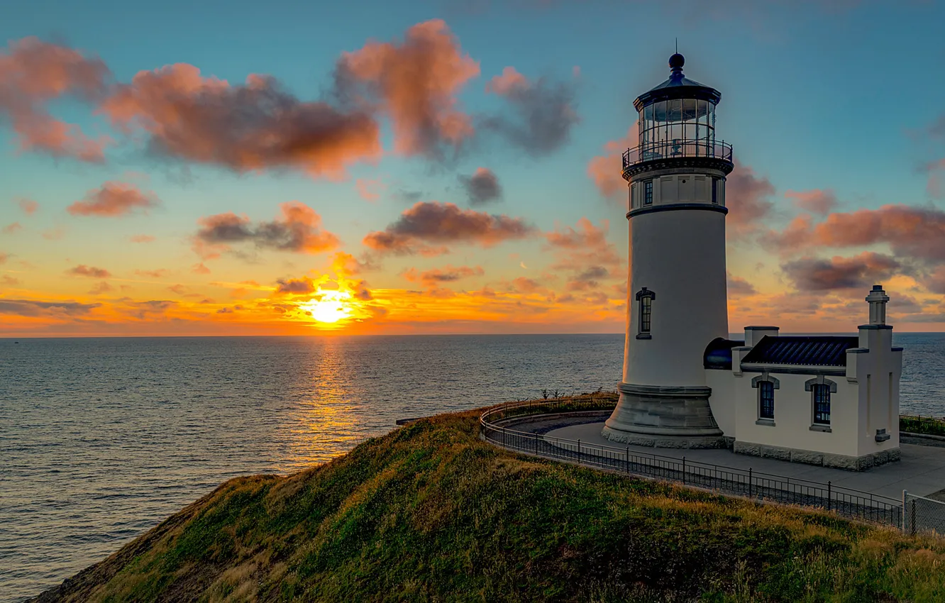 Photo wallpaper the sky, clouds, sunset, coast, lighthouse, Washington, USA