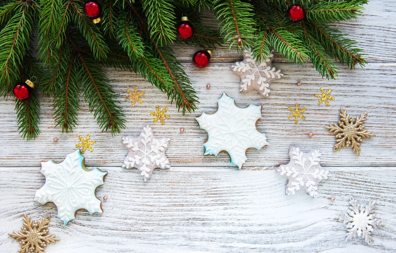 Photo wallpaper decoration, New Year, Christmas, christmas, wood, merry, cookies, snowflakes
