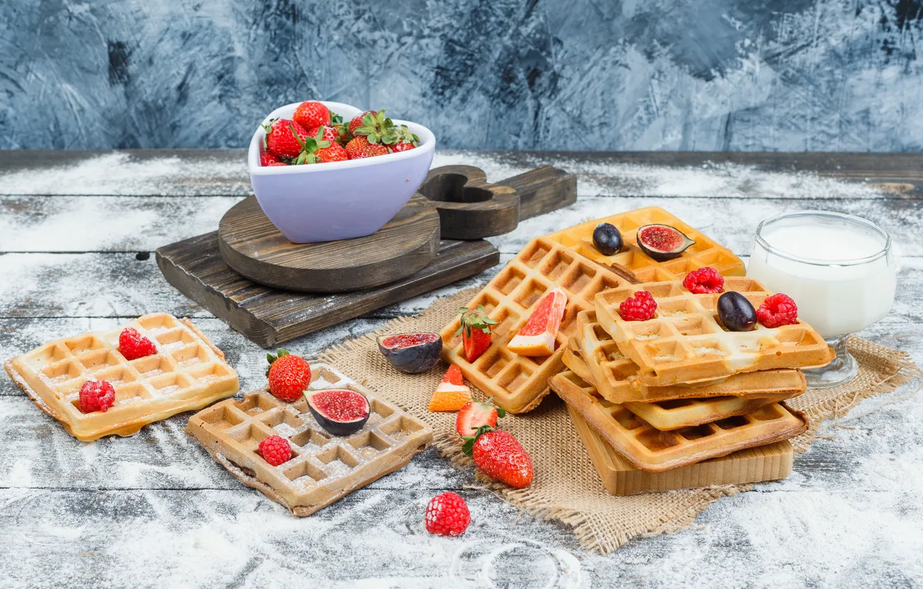 Photo wallpaper berries, raspberry, strawberry, waffles, figs