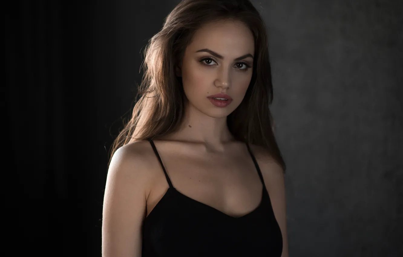 Photo wallpaper brown eyes, woman, face, brunette, black dress, portrait, looking at the viewer, Zemfira Ismailova