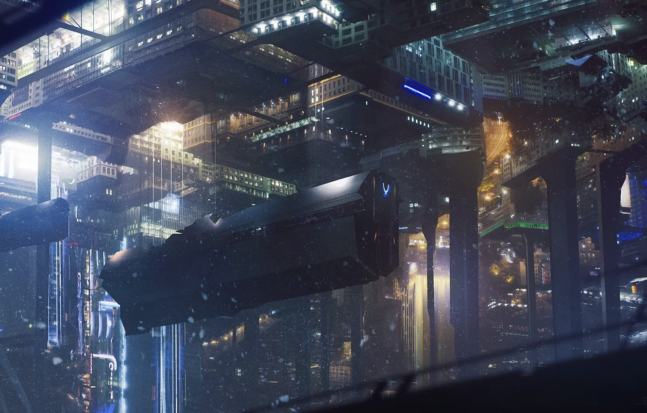 Photo wallpaper winter, snow, the city, future, transport, ship, art