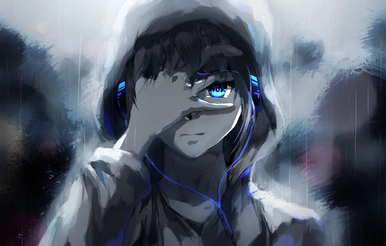 Photo wallpaper people, rain, anime, headphones, tears, art, guy, raku aohane