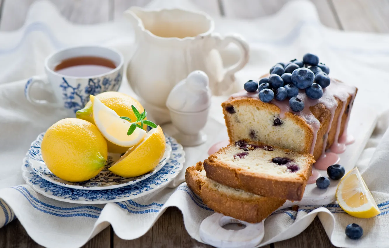 Photo wallpaper berries, lemon, tea, still life, cupcakes