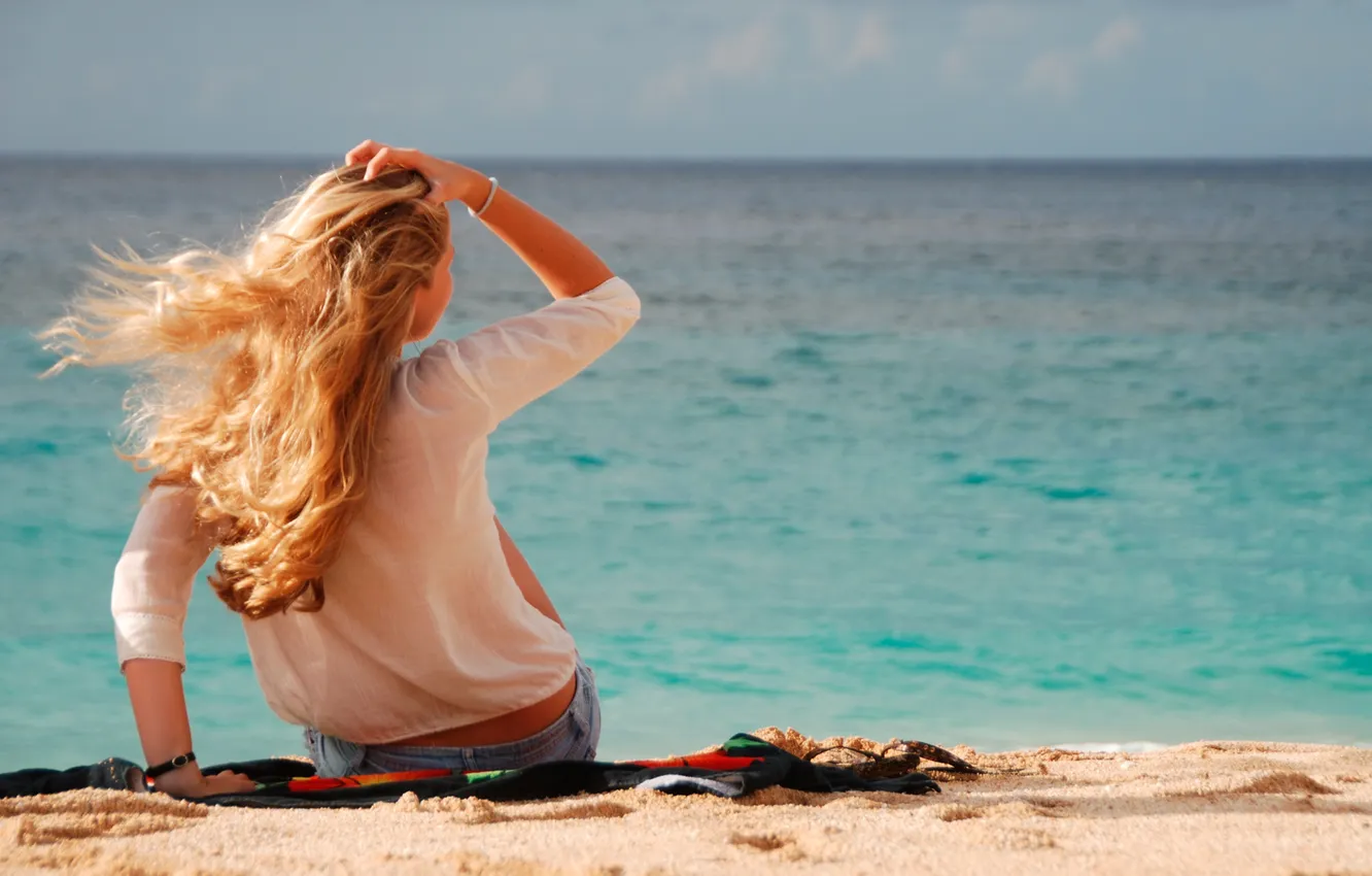 Photo wallpaper sea, girl, landscape, blue, hair, back, blonde