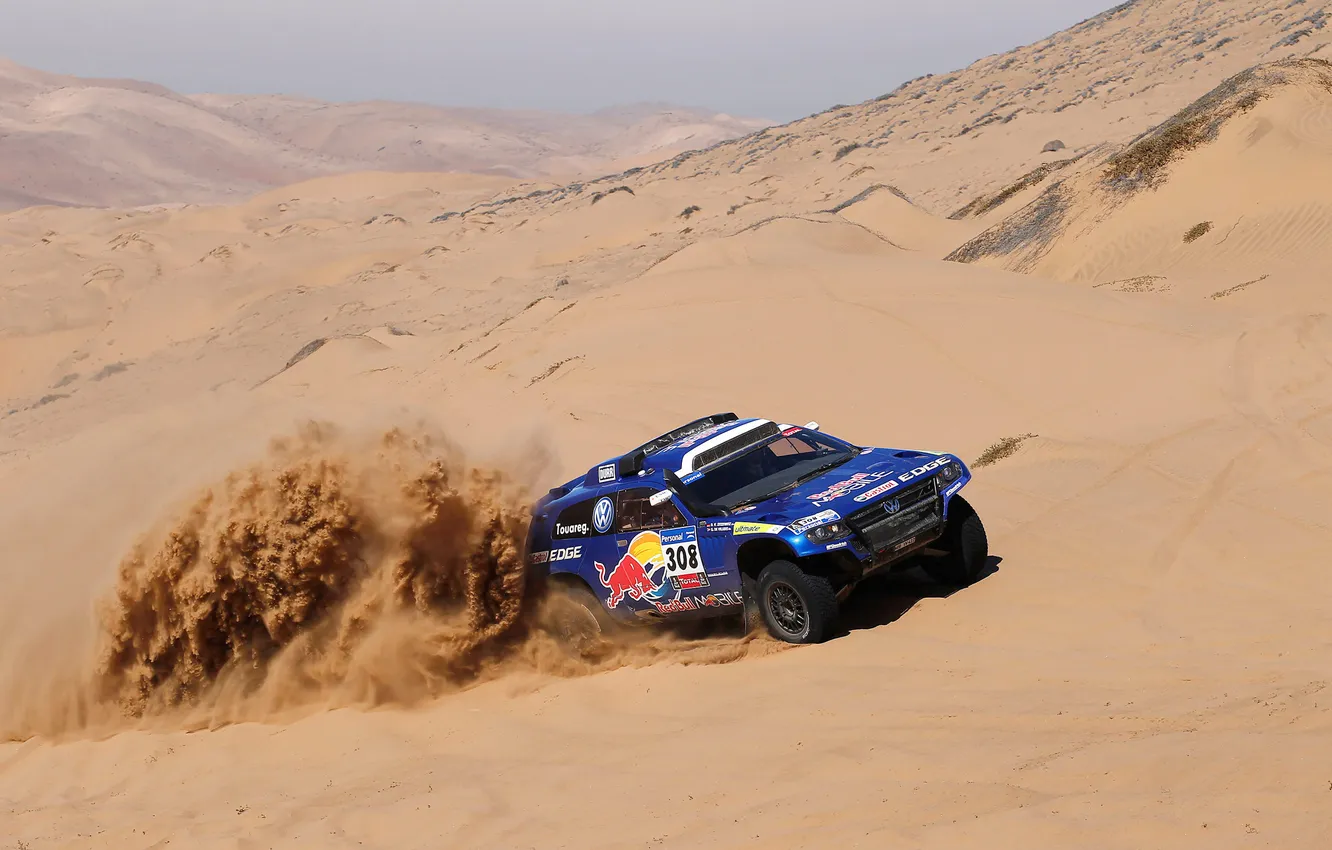 Photo wallpaper the sky, blue, Volkswagen, dunes, gas, Red Bull, Touareg, riding