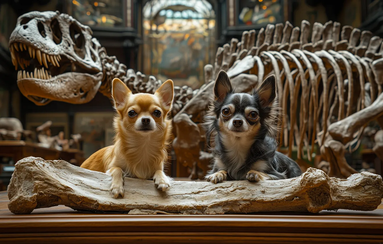 Photo wallpaper dinosaur, dog, bones, skeleton, a couple, Chihuahua, neural network