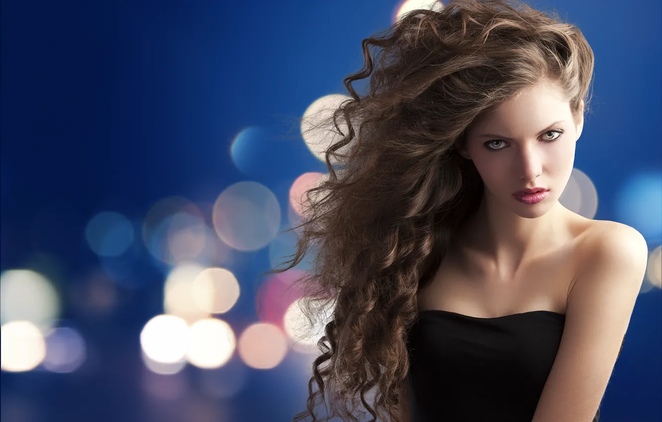 Photo wallpaper look, girl, makeup, dress, brown hair, shoulders, curls, bokeh