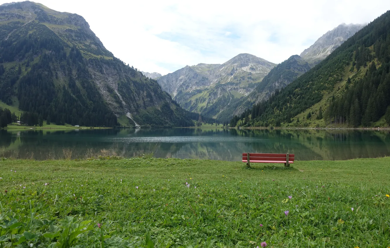 Photo wallpaper mountains, bench, lake, meadow, Southern Germany, Allgäu, Аllgau