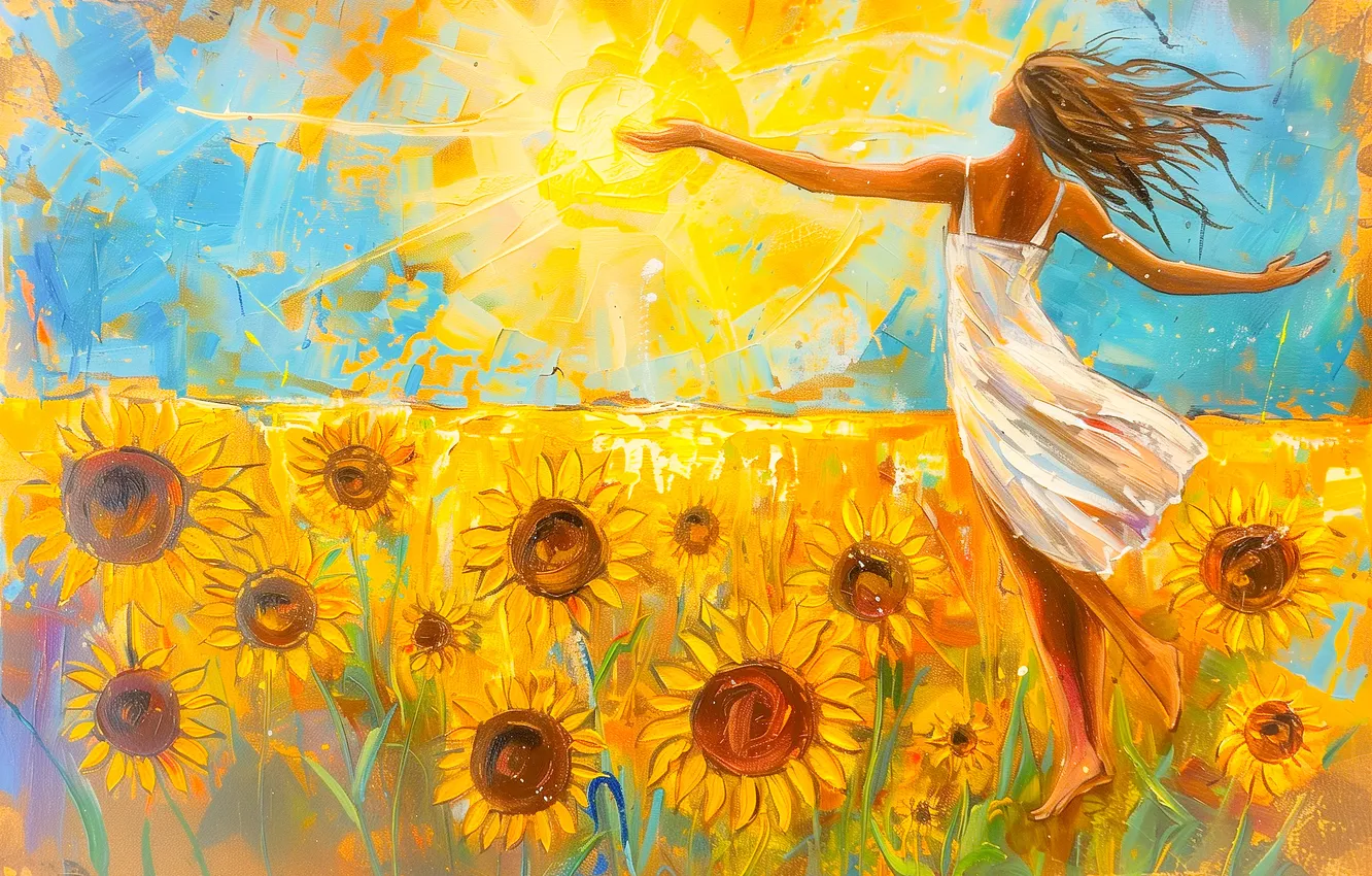 Photo wallpaper field, summer, the sky, girl, the sun, rays, light, joy