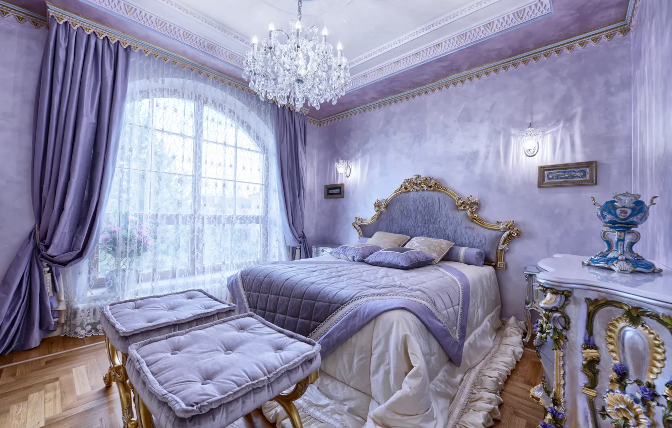 Photo wallpaper style, Villa, bed, pillow, blanket, window, chandelier, luxury