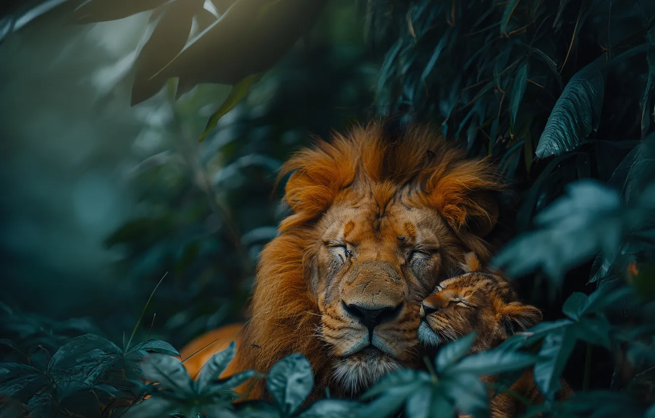 Photo wallpaper predator, Leo, sleeping, cub, kitty, two, big cats, digital art
