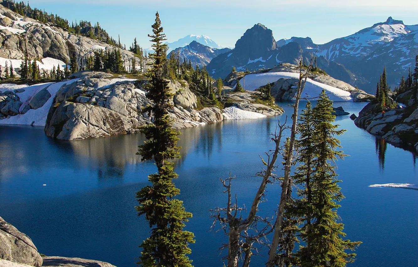 Photo wallpaper winter, the sky, snow, trees, mountains, lake, rocks