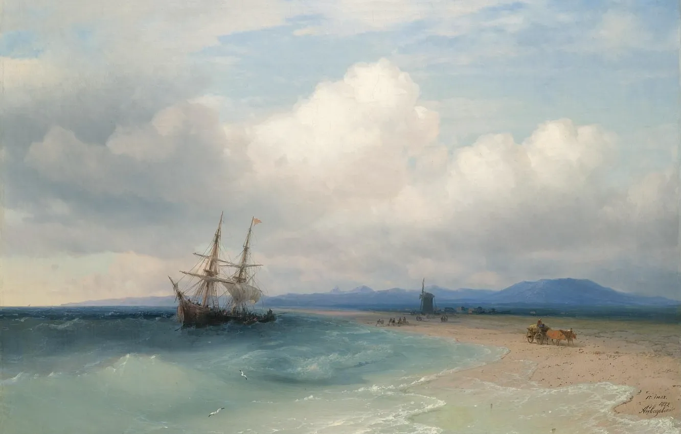 Photo wallpaper ship, picture, mill, wagon, seascape, Ivan Aivazovsky, 1872, Swimming off the Crimean Coast