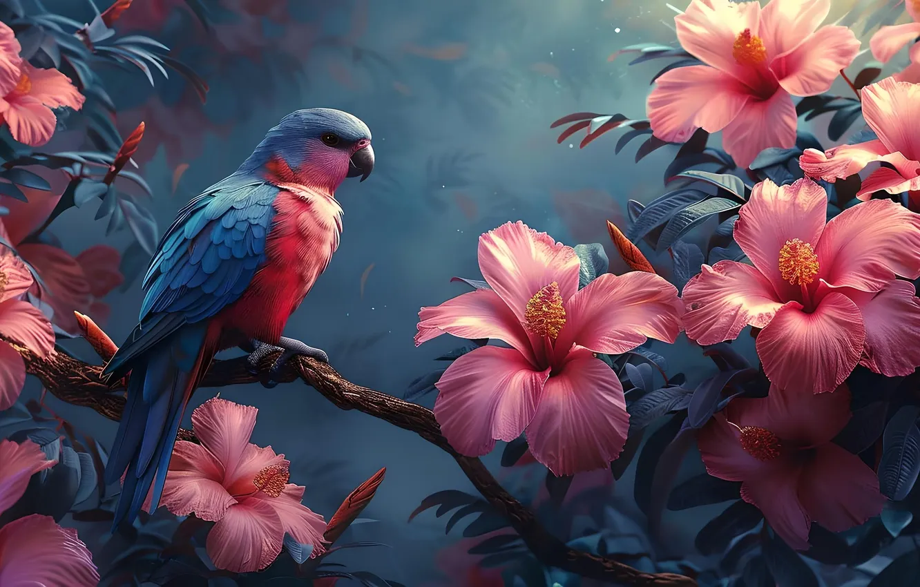 Photo wallpaper flowers, branches, bird, parrot, hibiscus