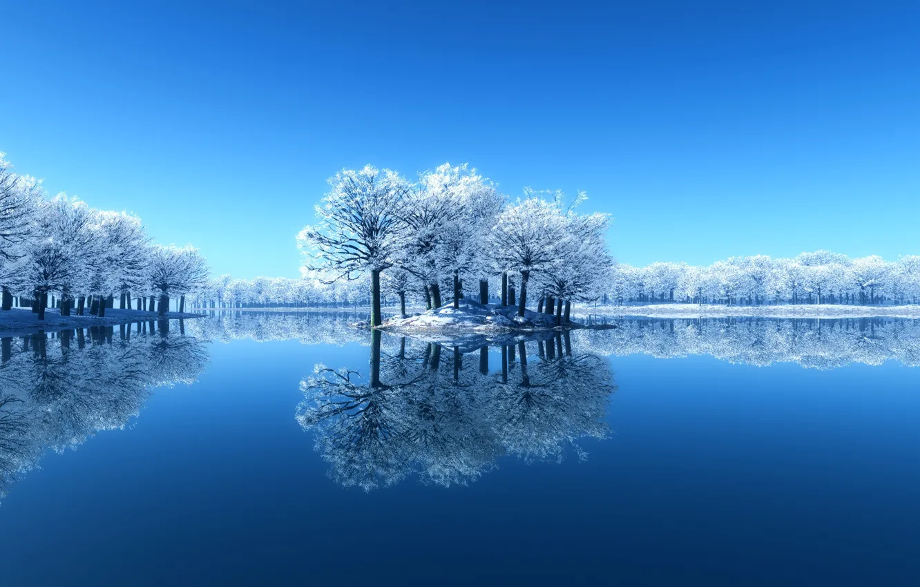 Photo wallpaper winter, snow, trees, lake, reflection, Nature