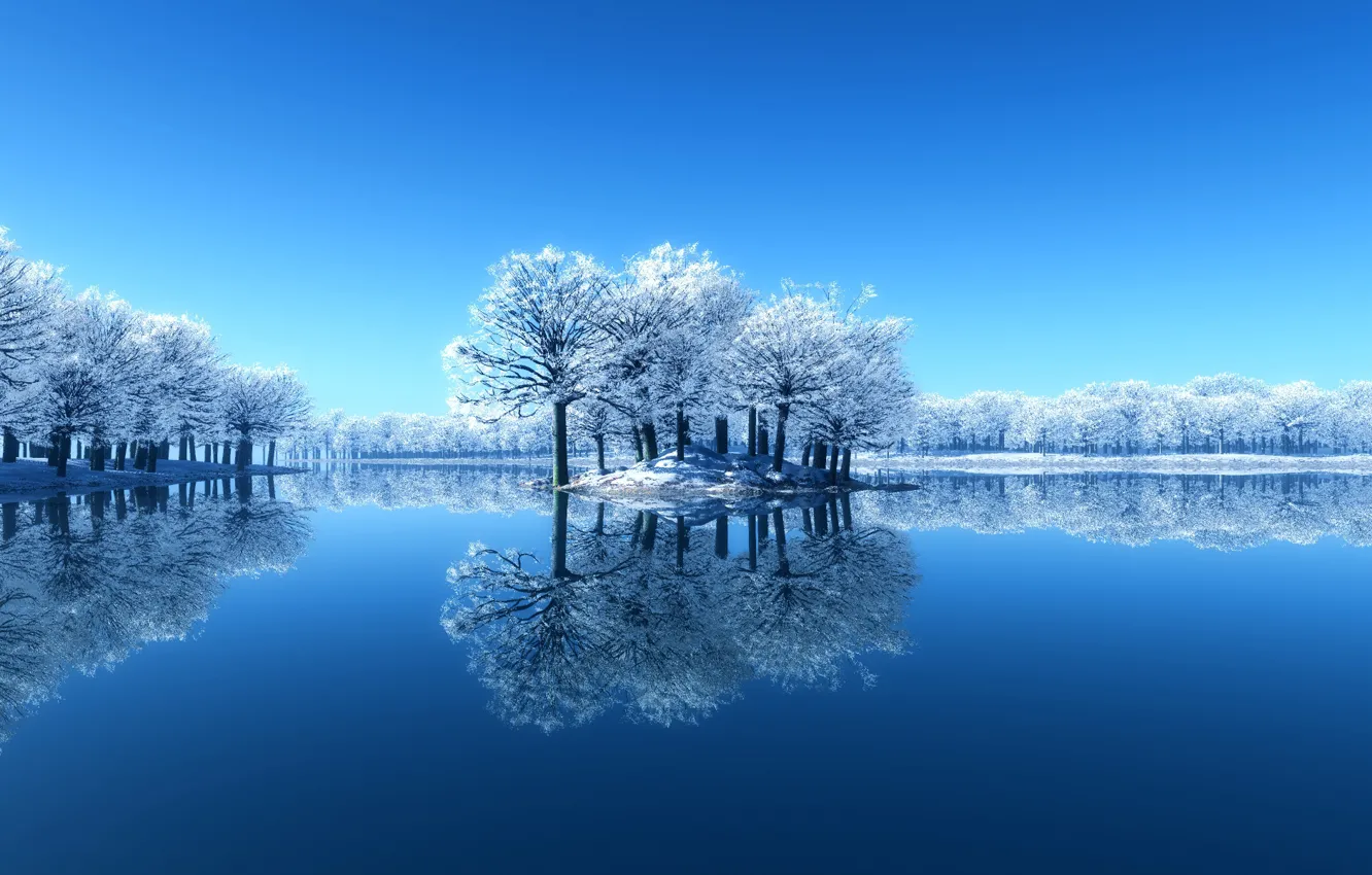 Photo wallpaper winter, snow, trees, nature, lake, reflection