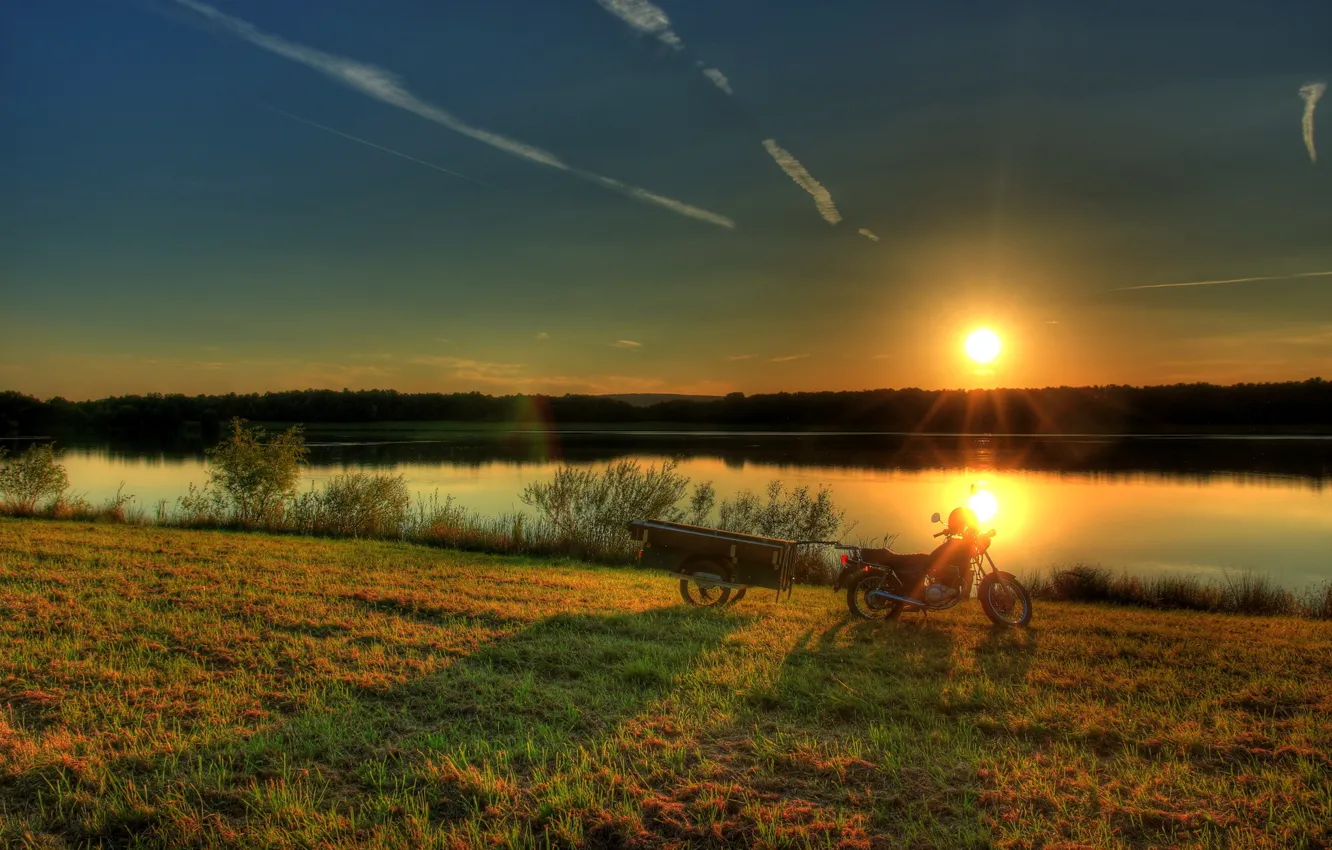 Photo wallpaper the sun, sunset, nature, river, photo, dawn, Germany, rays of light