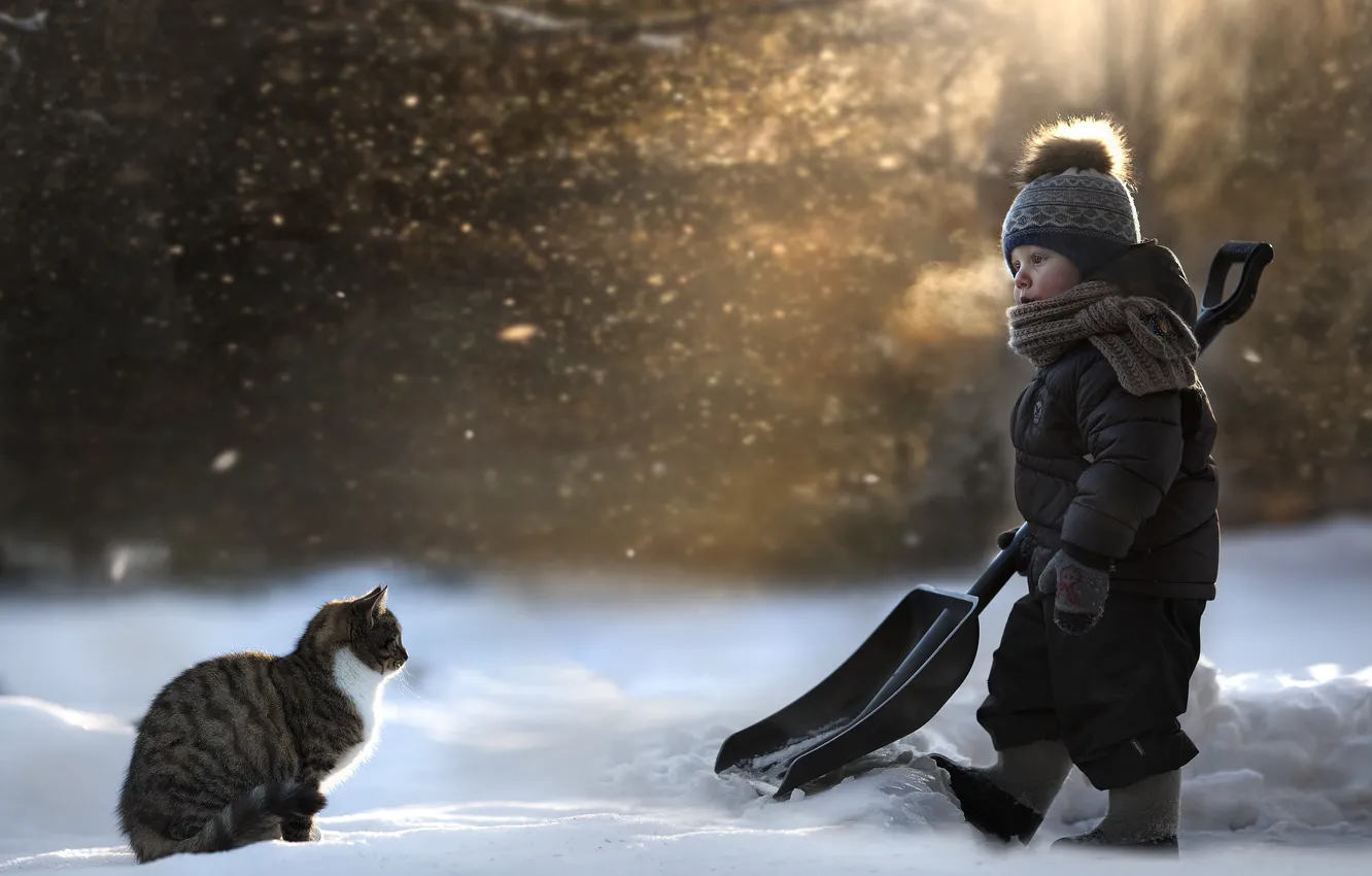 Photo wallpaper cat, snow, shovel, child