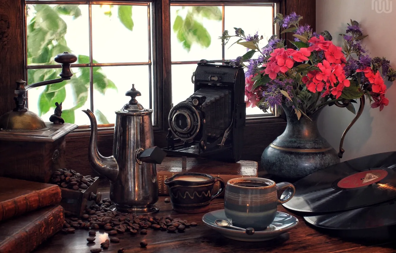 Photo wallpaper flowers, retro, books, coffee, bouquet, window, the camera, vinyl