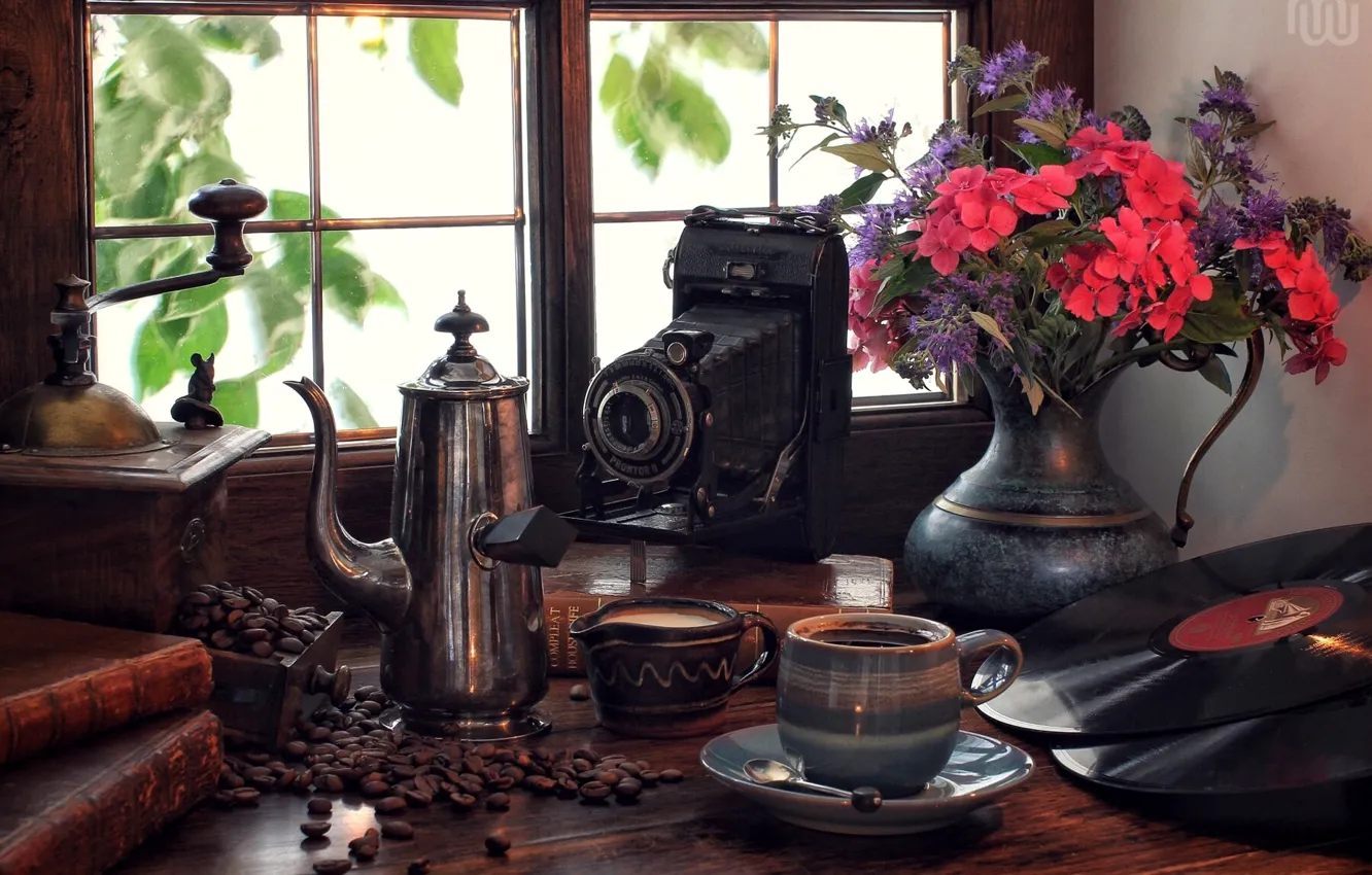 Photo wallpaper flowers, retro, coffee, bouquet, window, the camera, book, vinyl