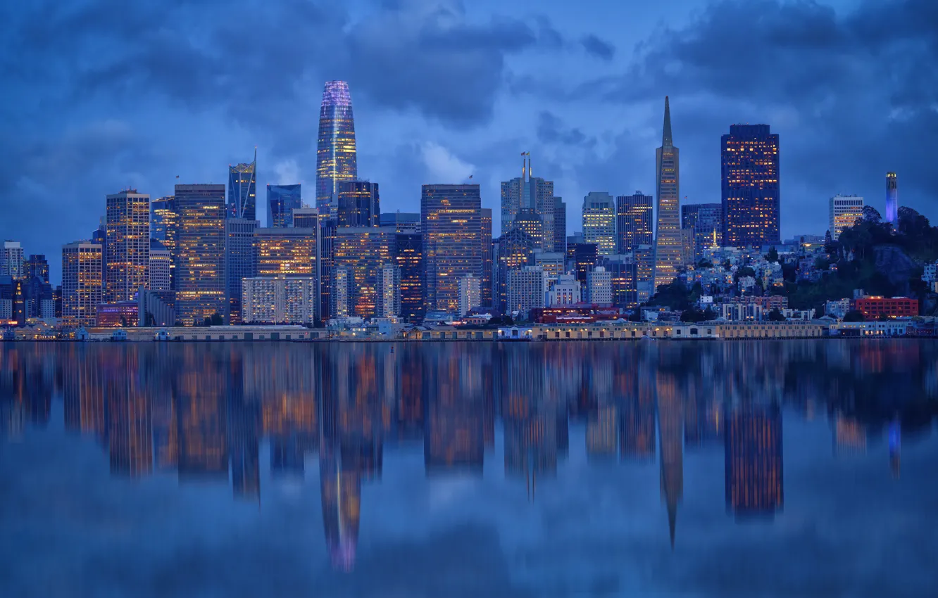 Photo wallpaper reflection, building, home, skyscrapers, CA, Bay, San Francisco, night city