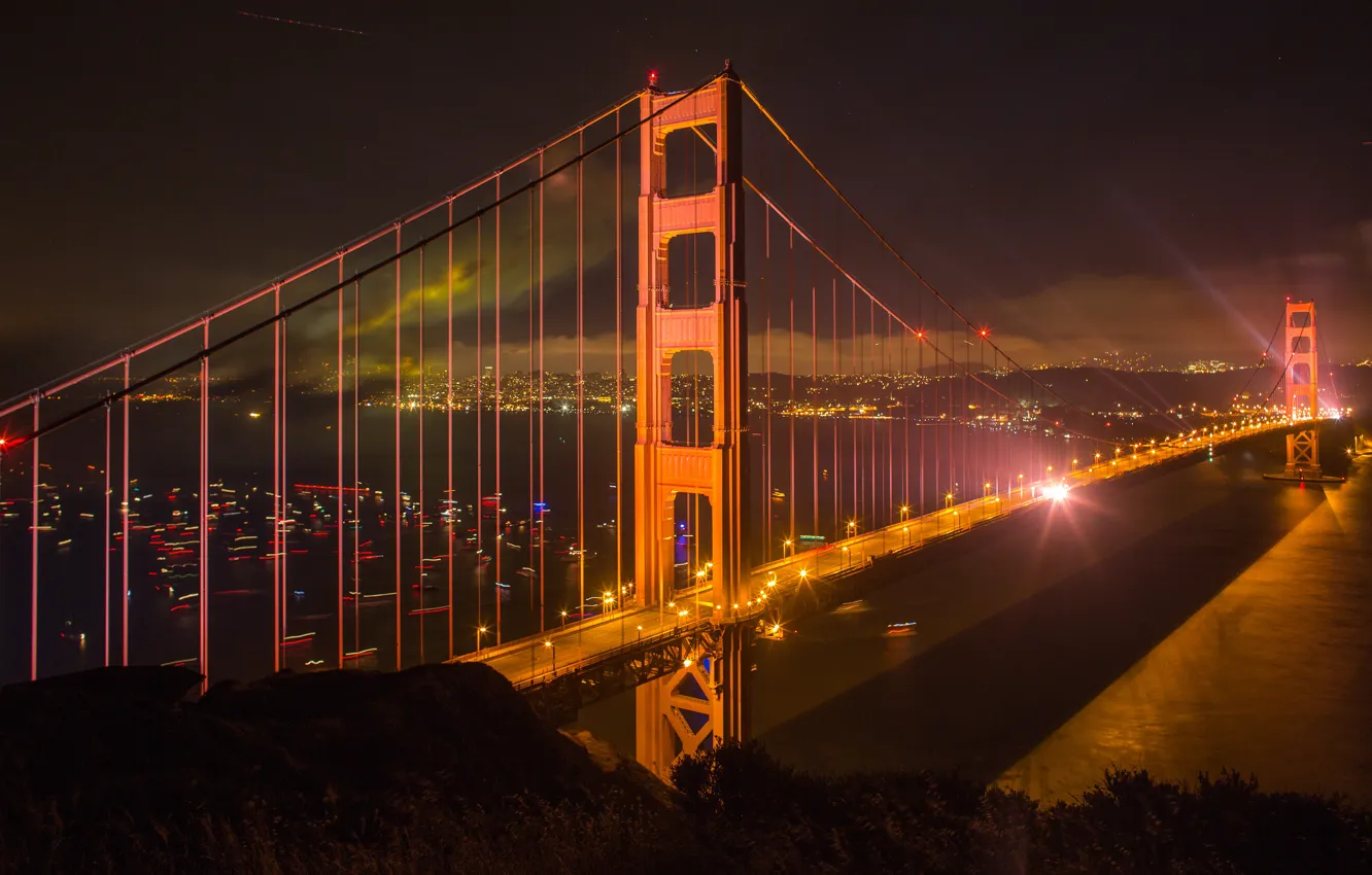 Photo wallpaper night, bridge, the city, lights, river, shore, San Francisco, USA