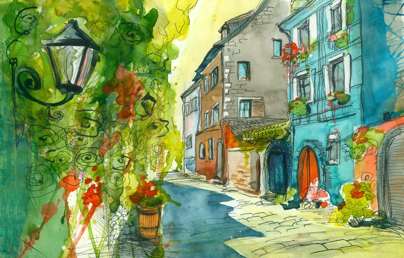 Photo wallpaper flowers, street, home, lantern, watercolor painting