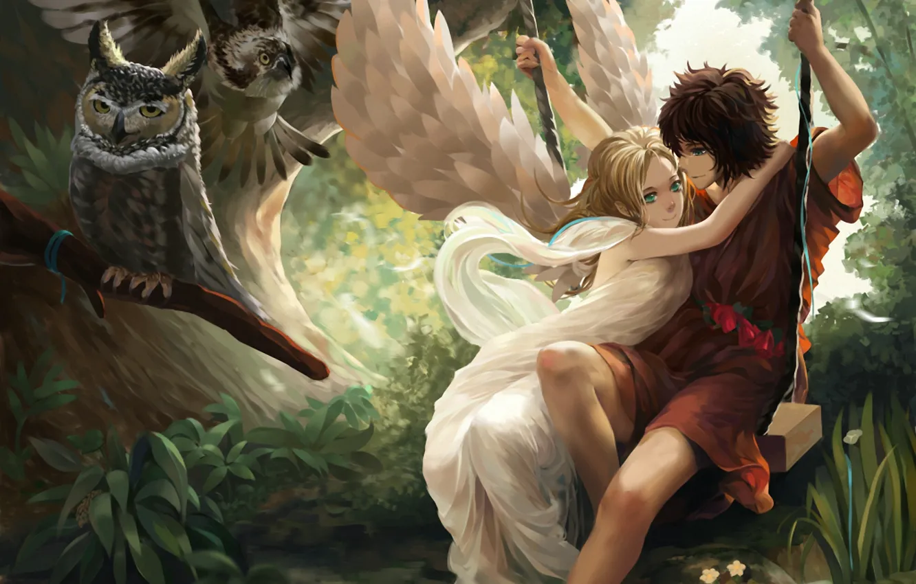 Photo wallpaper forest, girl, birds, swing, owl, wings, angel, art