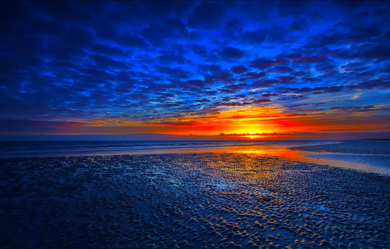 Photo wallpaper sea, the sky, clouds, sunset, reflection, glow