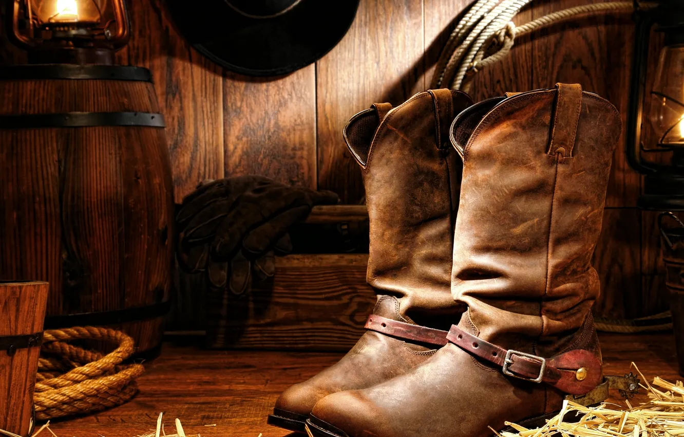 Photo wallpaper hat, wood, lamp, gloves, cowboy boots, Cord