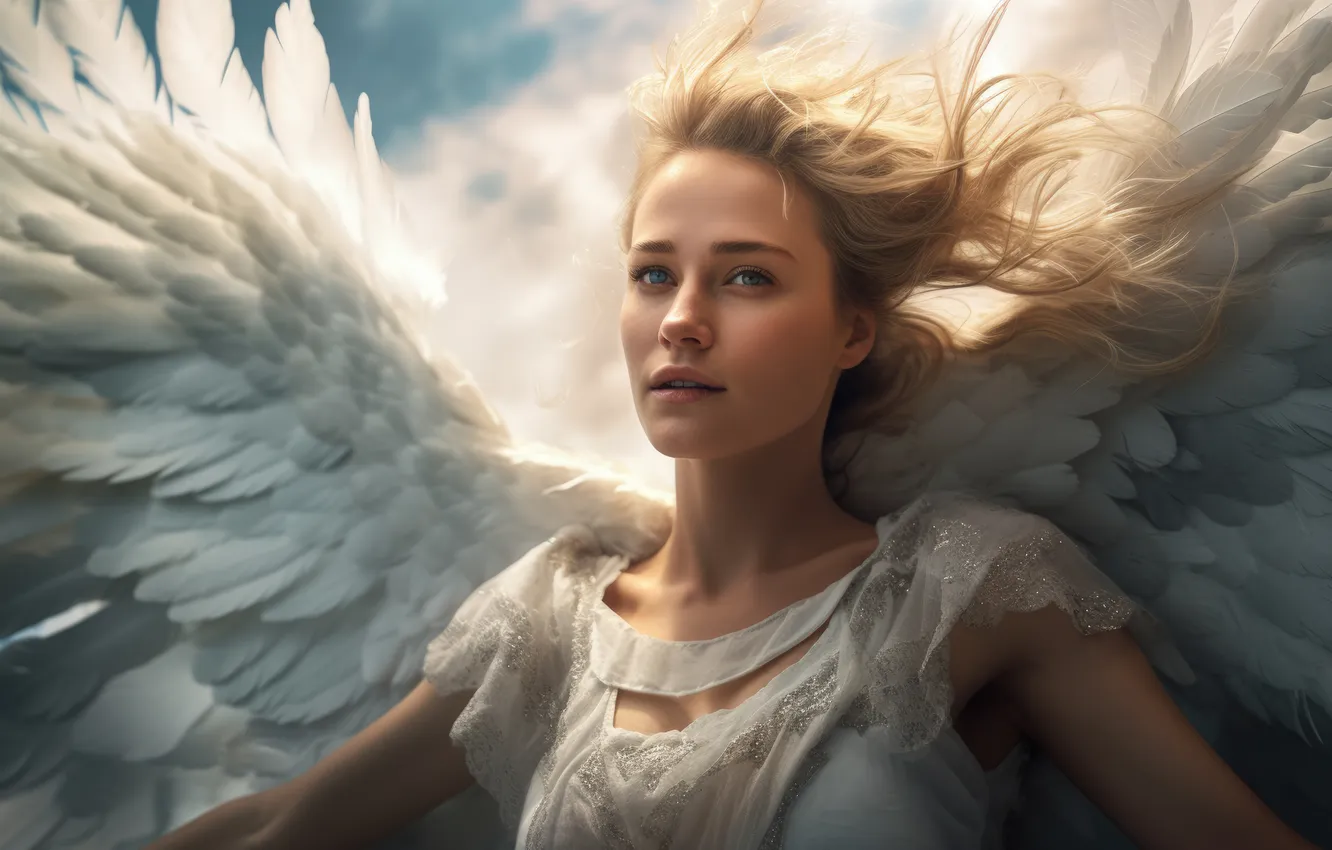 Photo wallpaper girl, hair, wings, angel, blonde, digital art, AI art, The Art of Artificial Intelligence