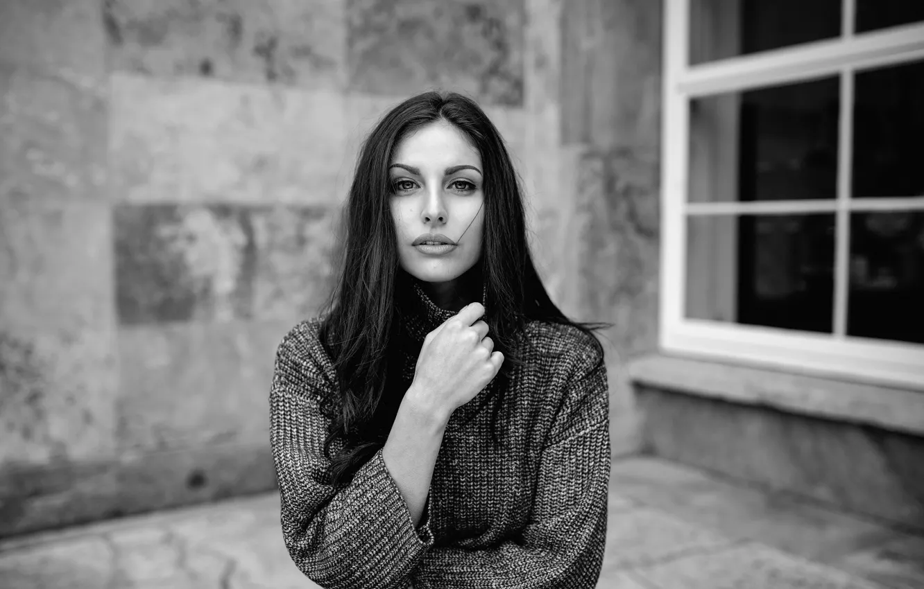 Photo wallpaper girl, portrait, brunette, black and white
