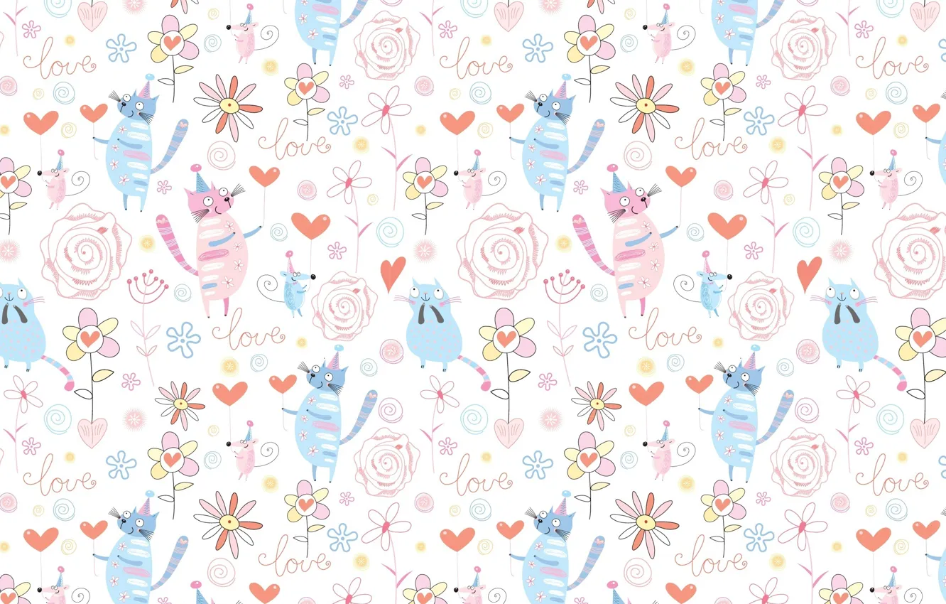 Photo wallpaper background, heart, cat, texture, mouse, art, children's